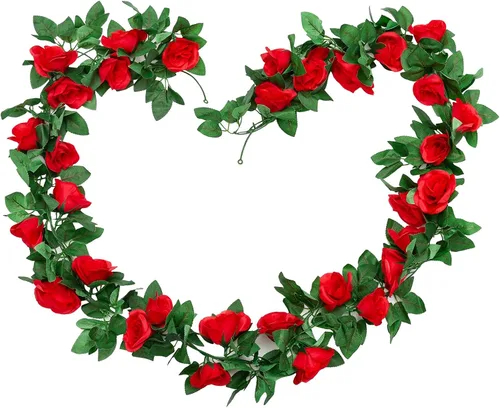 Guirnalda de flores artificiales, 2 unidades de 15 pies (7.5 pies x 2 piezas) de seda roja, flores falsas de vid falsa para colgar hiedra, hogar,