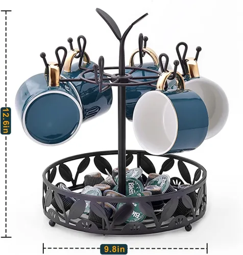 Miniatura 7 de Soporte para taza de café con almacenamiento de cesta de cápsulas de café, soporte giratorio para tazas de 6 capacidades, soporte para tazas