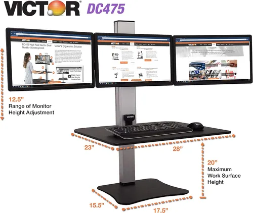 Miniatura 6 de Victor DC475 Convertidor de escritorio elevable eléctrico de triple monitor Escritorio sit-stand de tres monitores grandes Superficie de trabajo
