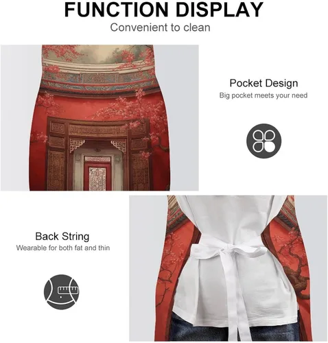 Miniatura 6 de MUSM Apron for Adults - 27.6 X 31.5 Inch, Heavy-Duty Polyester Aprons with Two Large Pockets, Waterproof Red Oriental Painting Kitchen Apron for