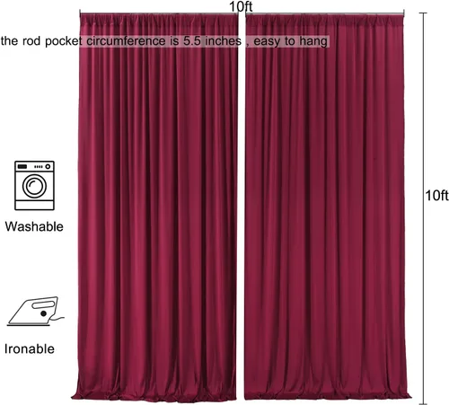 Miniatura 6 de Cortinas de telón de fondo granate de 10 pies x 10 pies sin arrugas para fiestas, 2 paneles de cortinas de telón de fondo de poliéster sedoso