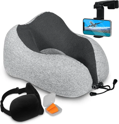 Miniatura 9 de Homeify Kit de viaje en avión, almohada ajustable para el cuello del avión de espuma viscoelástica con soporte para teléfono, máscara de ojos, Gris