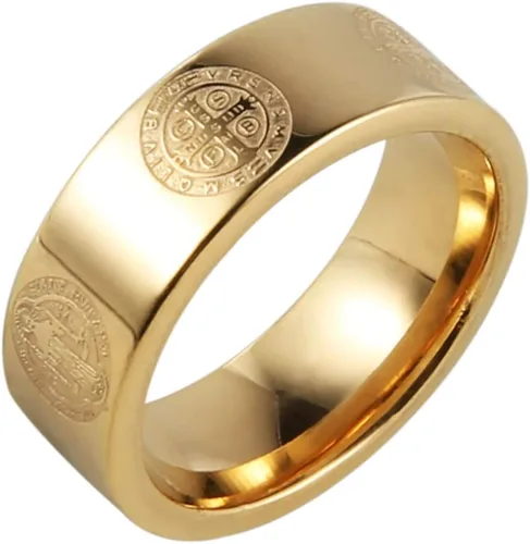 HZMAN Anillo de exorcismo de San Benito para hombre, de acero inoxidable, cruz católica, romana, protección de demonios, cazador de fantasmas, oro y
