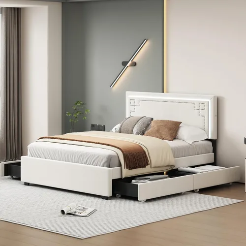 Miniatura 11 de Cama de plataforma flotante, marco de cama de madera tamaño individual con rayas claras, tela de lino suave y cabecera de diseño capitoné
