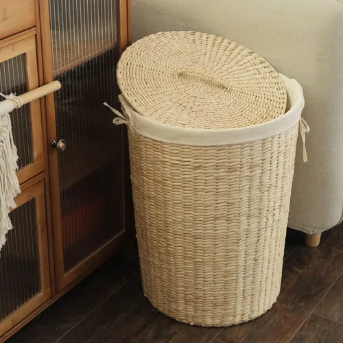 Miniatura 2 de Furnnylane Cesta de mimbre tejida a mano con tapa, 20 galones (75 L) Cesta grande para lavandería con forro extraíble para lavandería y decoración