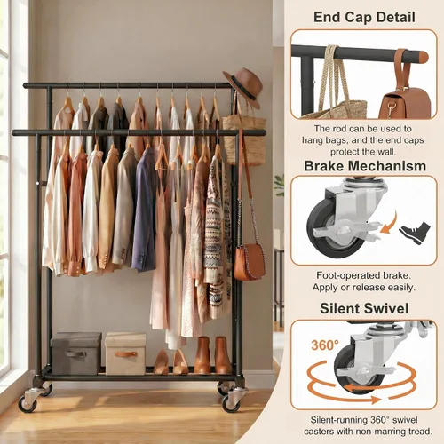 Miniatura 9 de Calmootey Perchero de ropa de doble varilla, organizador portátil para colgar ropa, organizador de ropa rodante para dormitorio, sala de estar, Negro