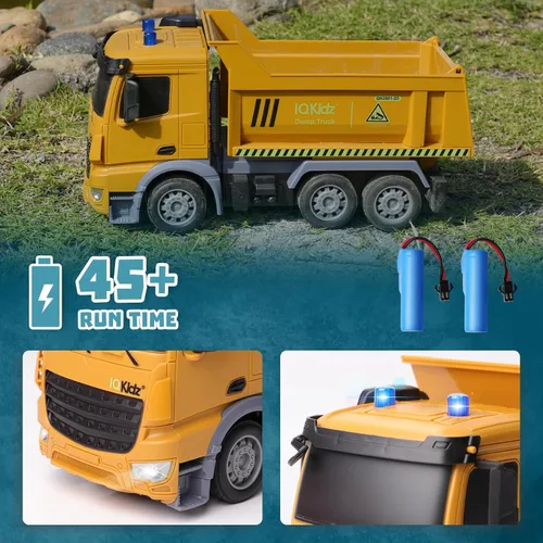 Miniatura 5 de IQKidz Camión volquete de juguete a control remoto – Vehículos de construcción RC con luces de advertencia azules, camiones de juguete para niños
