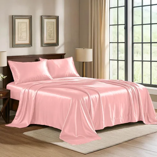Miniatura 28 de Pure Bedding Sábanas de satén individuales [3 piezas, plateadas] Juego de sábanas sedosas de lujo para hotel, juego de sábanas de microfibra extra