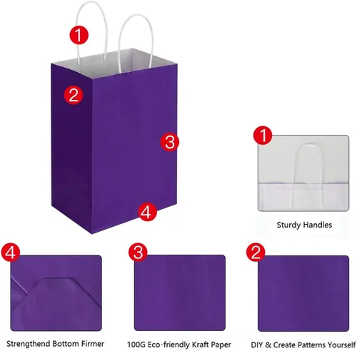 Miniatura 3 de Oikss Paquete de 50 bolsas pequeñas de papel kraft morado de 5.25 x 3.25 x 8.25 pulgadas con asas a granel para cumpleaños, bodas, fiestas, Púrpura