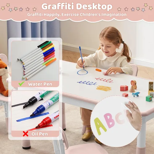 Miniatura 4 de DOREROOM Juego de mesa y 4 sillas para niños de altura ajustable, juego de mesa y silla para niños pequeños con superficie de graffiti, 31.5''L x