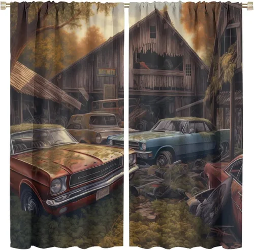 Cortina Decorativa de Coche Retro, Tratamientos de Ventana de Granja Vintage Antigua Rústica de Granero de Dibujos Animados 2 Paneles de Cortinas