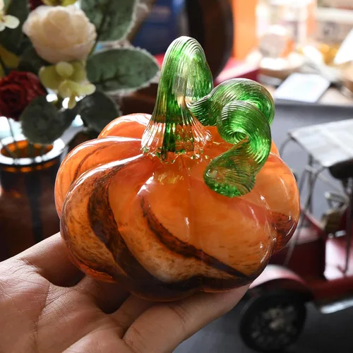 Miniatura 5 de Figura de calabaza de cristal soplado a mano de 3 pulgadas, pisapapeles de calabaza de cristal marrón grande, calabazas de Acción de Gracias