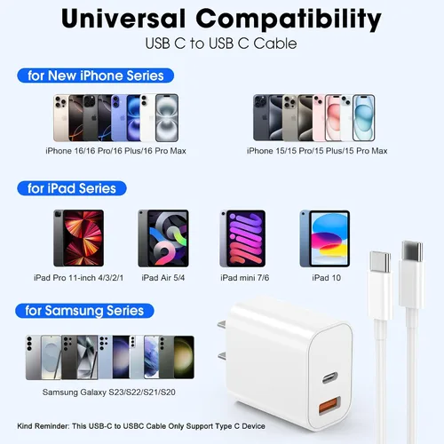 Miniatura 2 de Cargador para iPhone 17 16 15 Carga Rápida, Bloque de Cargador de Pared USB C de 20W con Cable Tipo C a C de 6 pies para Apple iPhone 17/17 Pro/17