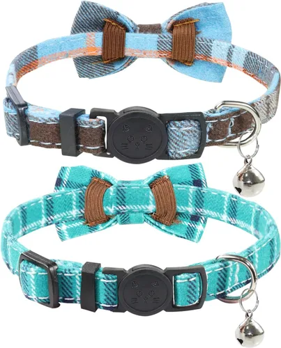 Miniatura 8 de Joytale Collar de gato mejorado con campanas, collares de gato separados con pajarita, paquete de 2 collares de seguridad a cuadros para niñas