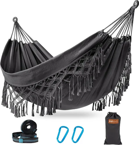 Miniatura 15 de Lazy Daze Hammocks Hamaca doble brasileña de algodón, extra grande, portátil, para acampar al aire libre, con correas para árboles y bolsa de viaje