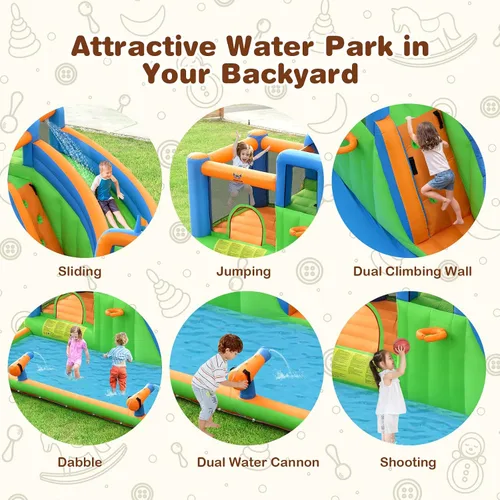 Miniatura 4 de HONEY JOY Tobogán acuático inflable, parque acuático gigante 7 en 1, casa de rebote para patio trasero al aire libre con soplador de 735 W, piscina