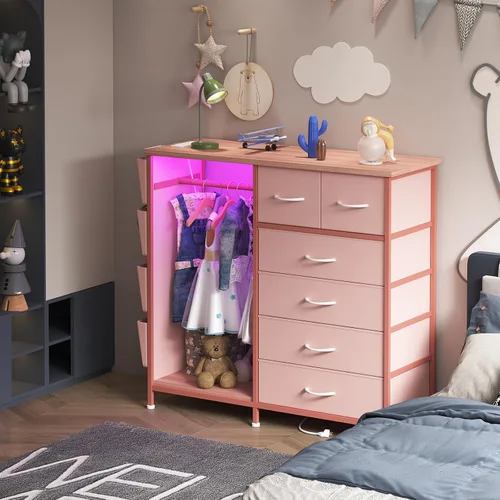 Miniatura 2 de Cómoda de 6 cajones para dormitorio con perchero, cómoda con bolsillos laterales y ganchos, estación de carga y luces LED, parte superior de madera
