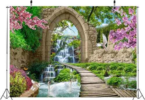 Miniatura 3 de BELECO Telón de fondo romántico de jardín de primavera de 5 x 3 pies, arco de piedra, cascada de montaña, flores de cerezo, paloma, árboles verdes