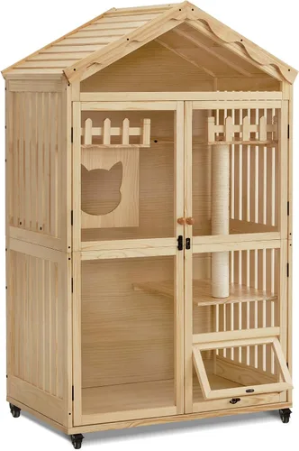 MCombo Casa de madera para gatos de interior, condominio para gatos con entrada, jaula de gatito Catio con puertas y ruedas bloqueables, CT291