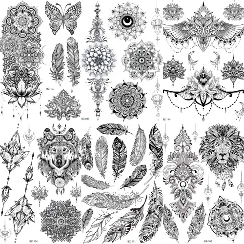 COKTAK 6 Piezas/Lote Adhesivos Temporales Únicos de Henna Negra para Adultos, Mujeres, Niñas, Pluma, Mandala, Flor, Arte Corporal, Tatuajes Grandes