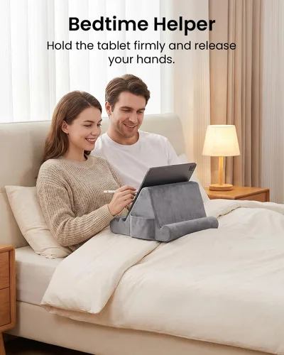 Miniatura 4 de CreaDream Soporte de almohada para tableta, almohadilla suave para regazo, soporte para tablet para cama con 3 ángulos de visión, bolsillo, soporte