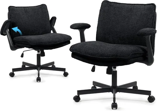 Miniatura 7 de Kassipo Silla de oficina con patas cruzadas con ruedas y brazos abatibles, silla de escritorio tapizada con cruz, sillas de asiento ancho para Negro