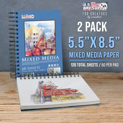 Miniatura 2 de U.S. Art Supply Cuaderno de bocetos mixto de 5.5 x 8.5 pulgadas, paquete de 2 (60 hojas), 98 libras (160 GSM) - Bloc encuadernado en espiral