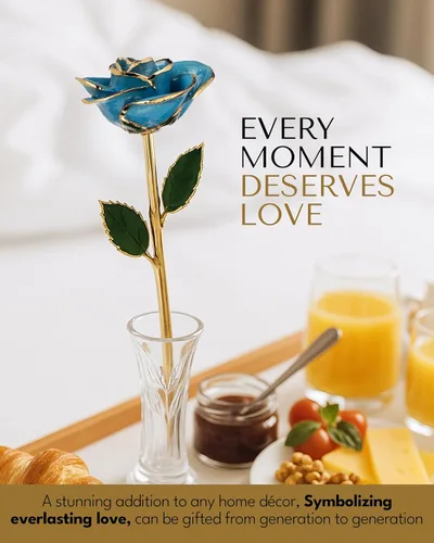 Miniatura 8 de Forever Rose Rosa real con brillo azul congelado sumergida en oro de 24 quilates con pétalos de oro azul brillante y tallo dorado, rosa preservada