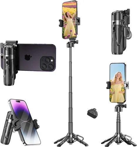 Palo selfie multifuncional 4 en 1 y trípode para iPhone/Android, rotación de 360 grados, con control remoto, portátil para creadores de contenido,