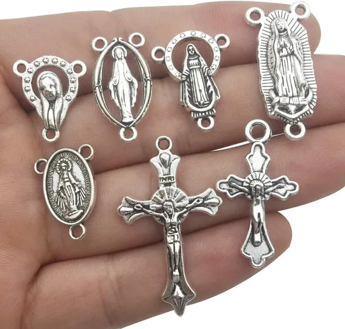 Miniatura 2 de Colgantes de medalla de crucifijo milagrosa de cruz de Jesús María Nuestra Señora de plata antigua, 3.53 oz (60 unidades) para manualidades, M154 cm