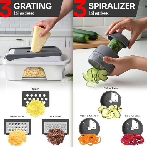 Miniatura 5 de Mueller Pro-Series Todo en Uno, Rebanadora Mandolina de 12 Cuchillas para Cocina, Picador de Alimentos, Rebanador de Verduras y Espiralizador, Arena