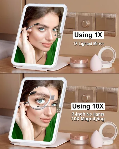 Miniatura 5 de Espejo de maquillaje iluminado recargable de 2000 mAh con espejo de aumento de 10X, espejo de viaje grande de 10 x 7 con luz, espejo plegable