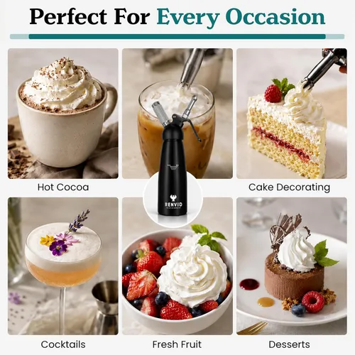 Miniatura 8 de Dispensador profesional de crema batida, recipiente de aluminio de 16.9 fl oz con 2 juegos de puntas de acero inoxidable y plástico, cepillo de Negro
