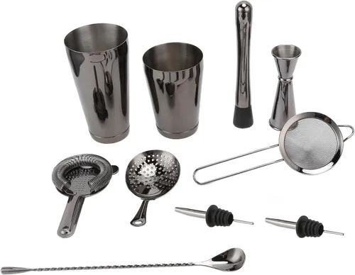 Miniatura 9 de Juego de coctelera de 11 piezas, kit de barman de acero inoxidable, kit de camarero para fiestas en casa y utensilios de bar (negro)
