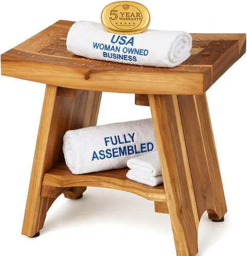 Miniatura 17 de EcoDecors Banco de Ducha de Teca de 18", Capacidad de 300 Libras – Asiento de Baño de Madera Impermeable con Estante, Asiento de Spa para Adultos