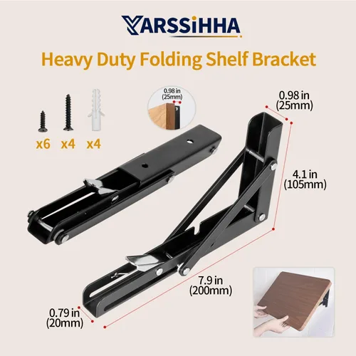 Miniatura 4 de Yarssihha Soporte plegable de estante de 8 pulgadas, paquete de 2 soportes plegables resistentes montados en la pared, soportes plegables de metal