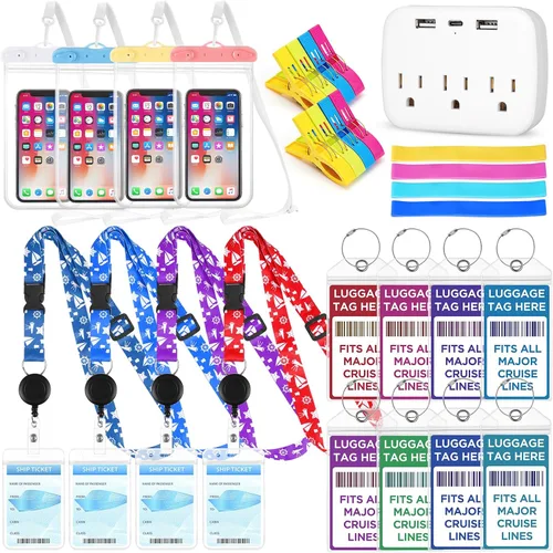 El kit esencial para cruceros incluye soporte para etiquetas de equipaje de crucero, cordones de crucero, regleta de alimentación de crucero, bandas