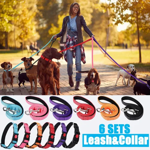 Miniatura 7 de Juego de 6 juegos de correa y collar reflectantes para perro, correas de nailon ajustables, collar de perro resistente, correa de mango acolchado