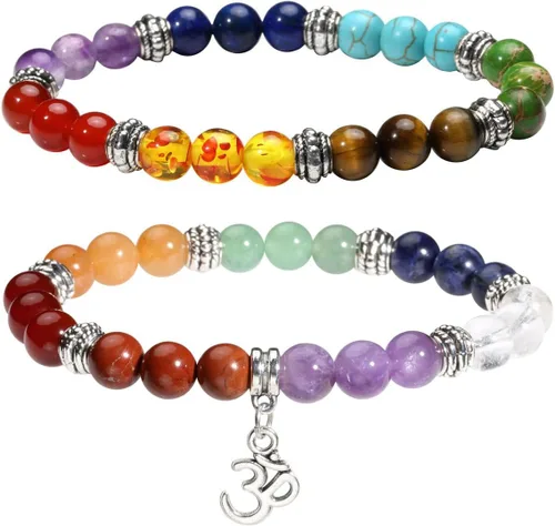 Miniatura 11 de Eigso Pulsera elástica de piedra de cristal de meditación curativa de 7 chakras para mujer con símbolo de loto, yoga, árbol, OM