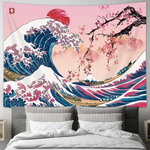 MERCHR Tapiz de pared de flor de cerezo con sol rosa y rojo, olas del océano y escena de montaña, diseño de anime asiático para dormitorio, 60 x 40