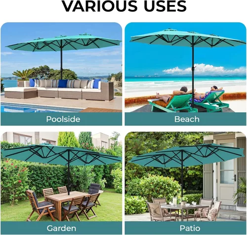 Miniatura 8 de Sombrilla de doble cara para patio de 15 x 9 pies con base y manivela, sombrilla rectangular extragrande para patio, césped y jardín, beige