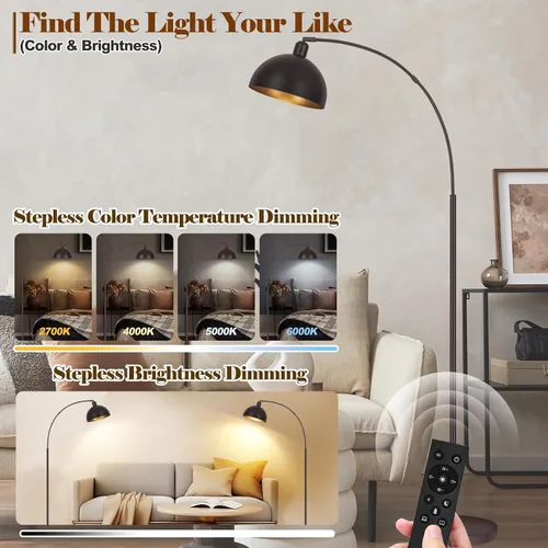 Miniatura 3 de Lámparas de pie de arco de bronce para sala de estar regulables – Lámpara de arco LED de 9W mejorada con 4 temperaturas de color, lámpara de pie