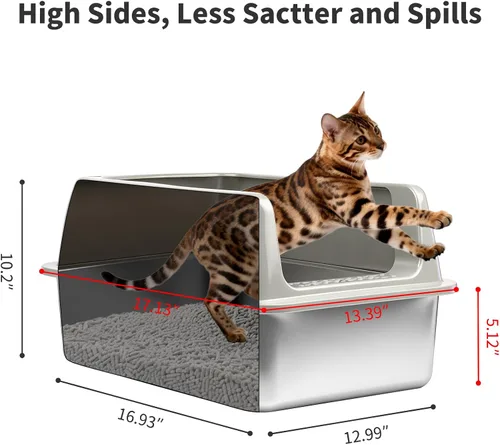 Miniatura 4 de Kirecoo Paquete de 2 cajas de arena de acero inoxidable con tapa, caja de arena de metal cerrado mediano para gatos, bandeja de arena antifugas