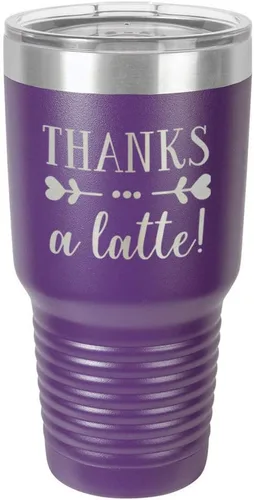 Miniatura 19 de Taza de viaje de acero inoxidable con tapa superior deslizante y pajita con texto en inglés "THANKS A LATTE 30oz Taza de viaje", compara con Yeti