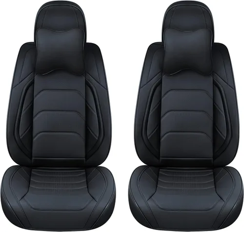 Miniatura 7 de TIEHESYT - Fundas de asiento de auto color negro, fundas de cuero transpirable para asientos delanteros y reposacabezas, ajuste interior universal