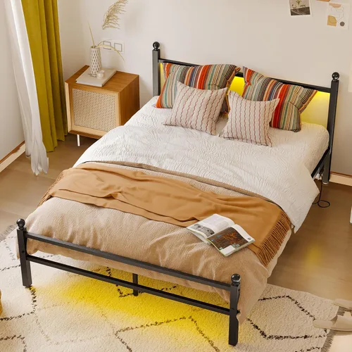 Miniatura 8 de Fixwal Base de cama de tamaño matrimonial con estación de carga, marco de cama de metal con puerto y toma de corriente