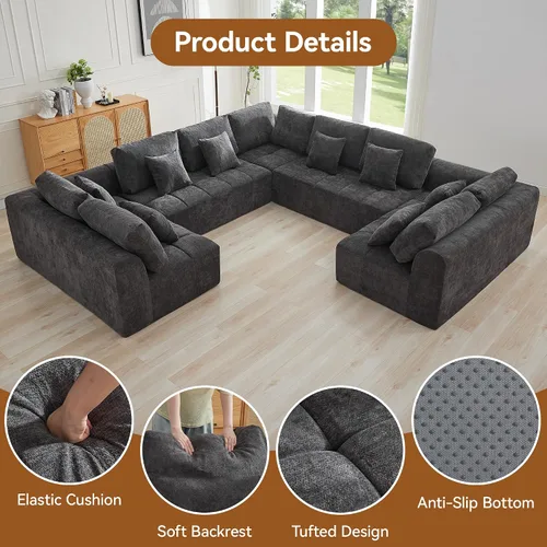 Miniatura 6 de Sofás modulares deshuesados de 140 pulgadas para sala de estar, sofá modular modular de nube comprimida, sofá moderno en forma de U de 9 plazas Gris