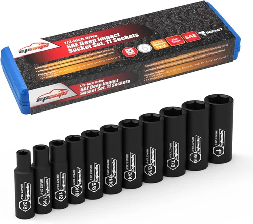 Miniatura 7 de EPAuto Juego de llaves de vaso SAE de impacto profundo de 1/2 pulgada, Cr-V, 6 puntos, 11 llaves de vaso