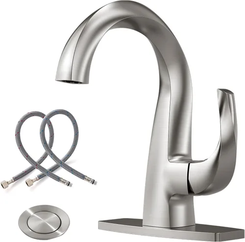 Miniatura 12 de WOWOW Grifo de Baño de Una Sola Manija 1 Agujero Arco Alto Lavabo de Baño Bronce Aceitado Frotado con Desagüe Emergente, Grifo de Lavabo de Baño