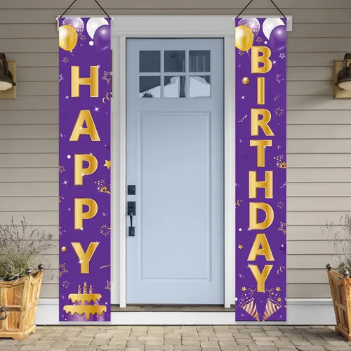 Miniatura 6 de Cartel de feliz cumpleaños dorado morado para puerta, letrero de feliz cumpleaños, suministros de fiesta para niñas y mujeres, 16, 21, 30, 40, 50